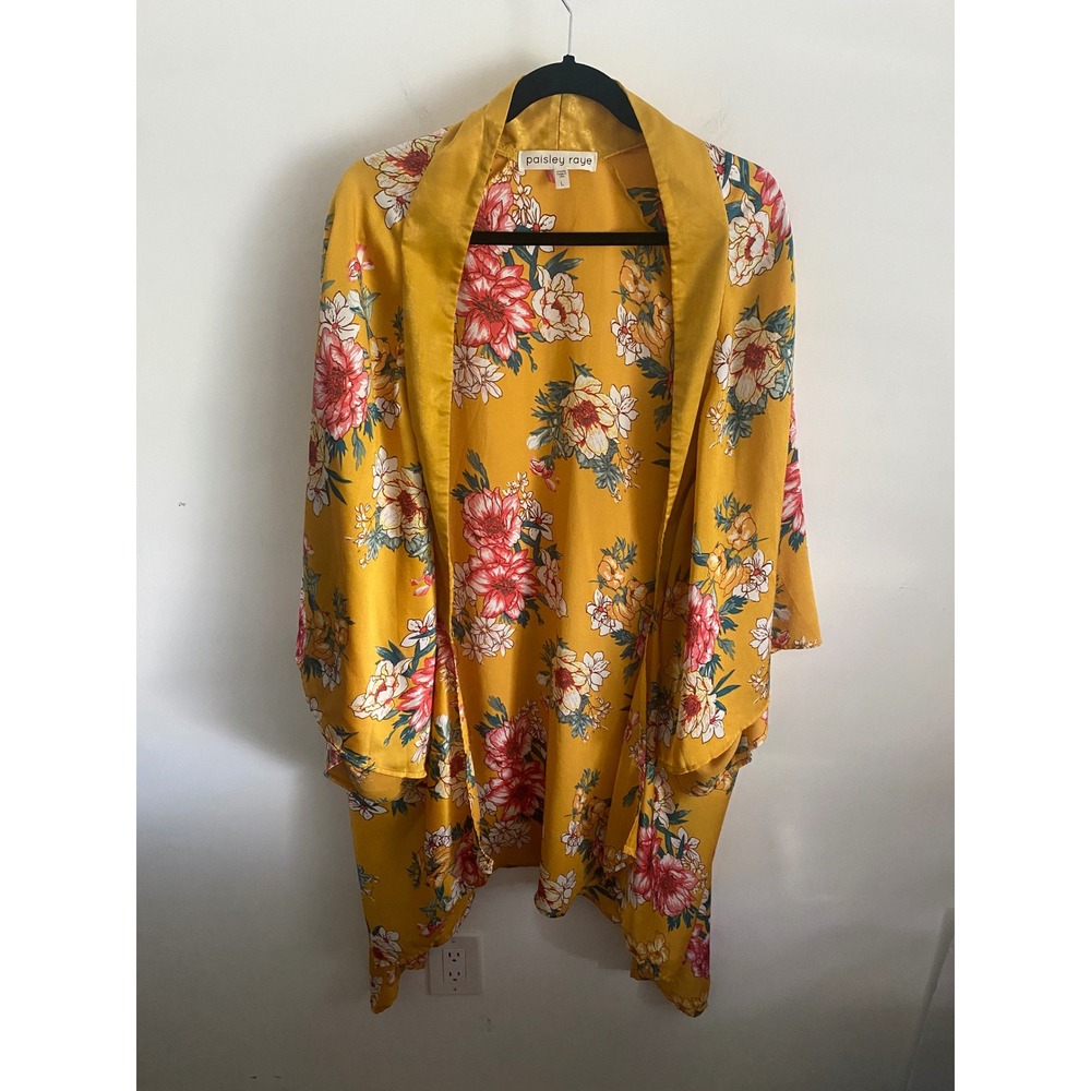 Paisley Raye‎ Mustard Yellow Floral Kimono Duster Open Front Lightweight Size L